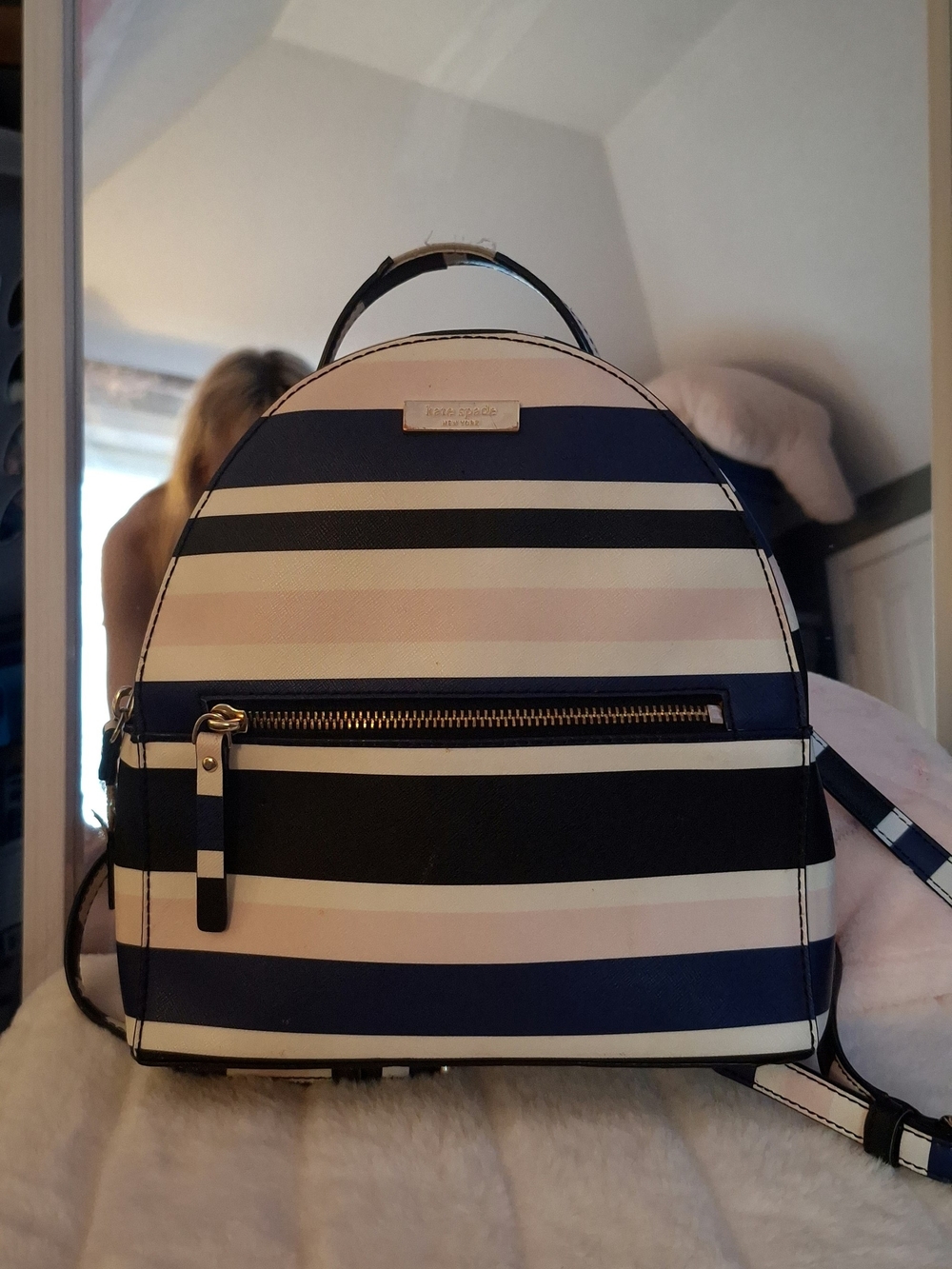 kate spade Navy Blue, White, Blush Striped Mini Backpack